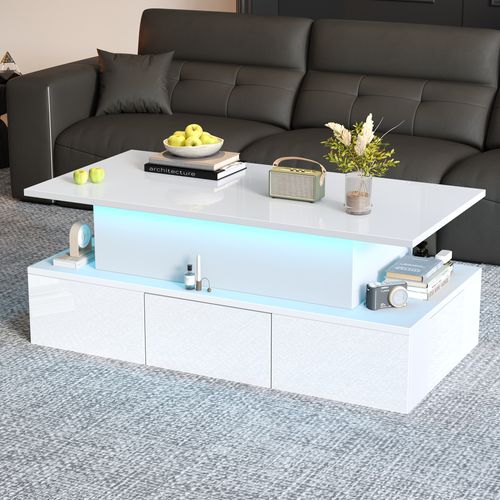 Table Basse Blanche - Relevable Avec Tiroirs De Rangement Et Bande LED, Mdf, 100 X 50 X 40 Cm