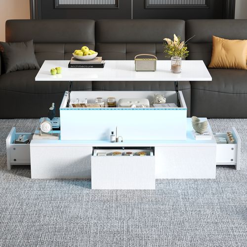 Table Basse Blanche - Relevable Avec Tiroirs De Rangement Et Bande LED, Mdf, 100 X 50 X 40 Cm
