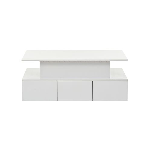 Table Basse Blanche - Relevable Avec Tiroirs De Rangement Et Bande LED, Mdf, 100 X 50 X 40 Cm