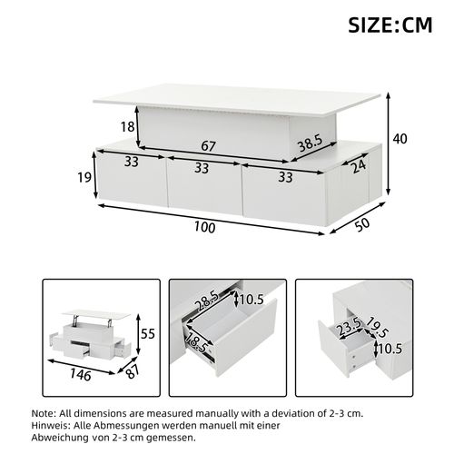 Table Basse Blanche - Relevable Avec Tiroirs De Rangement Et Bande LED, Mdf, 100 X 50 X 40 Cm