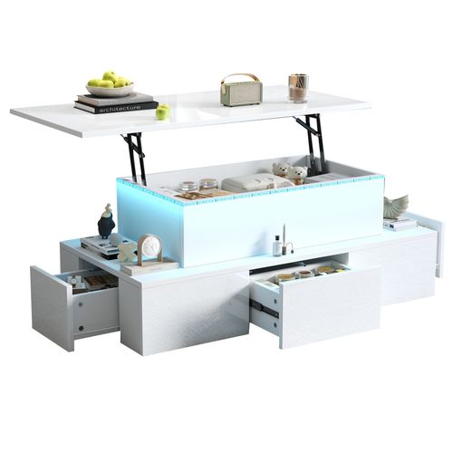 Table Basse Blanche - Relevable Avec Tiroirs De Rangement Et Bande LED, Mdf, 100 X 50 X 40 Cm