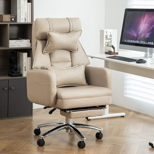 Fauteuil De Bureau Ergonomique Inclinable Avec Appui Lombaire Et Tête, Pivotant - Simili Beige