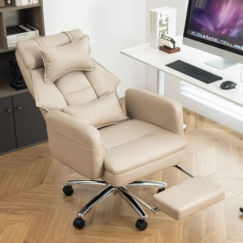 Fauteuil De Bureau Ergonomique Inclinable Avec Appui Lombaire Et Tête, Pivotant - Simili Beige