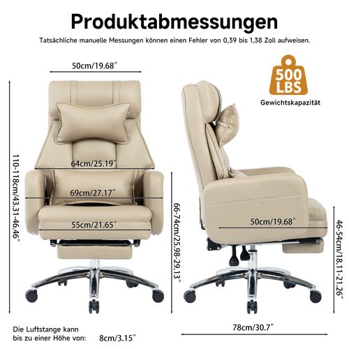 Fauteuil De Bureau Ergonomique Inclinable Avec Appui Lombaire Et Tête, Pivotant - Simili Beige