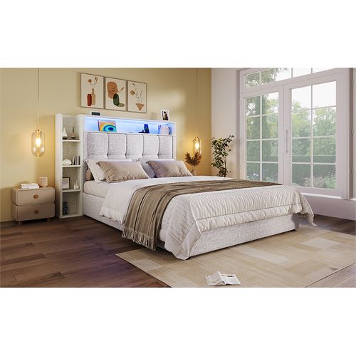 Lit Coffre 90x200 Cm Capitonné Enfant/ado - Rangement, LED Et USB Type-c - Tissu Lin, Beige