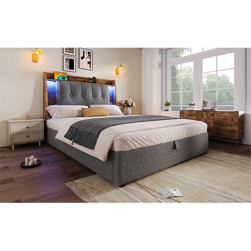 Lit Coffre Capitonné 90x200 Cm Enfant/ado, Rangement, LED Et USB Type-c, Tissu Lin, Gris