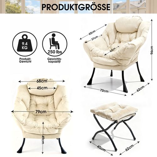 Fauteuil De Relaxation Avec Repose-pieds Et Accoudoirs Rembourrés, Structure Métal, Beige