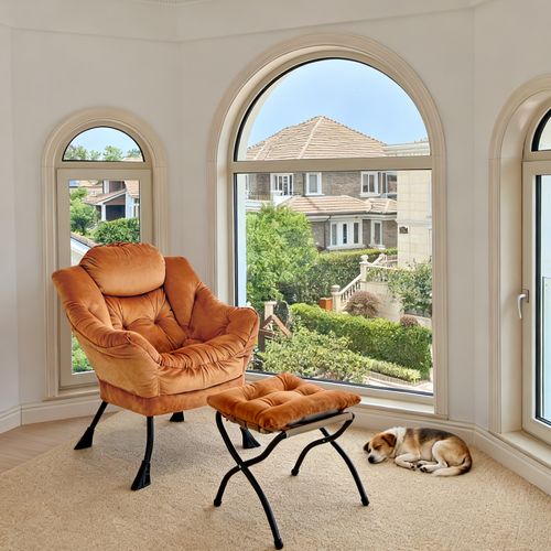 Fauteuil De Relaxation Avec Repose-pieds Et Accoudoirs Rembourrés, Structure Métal, Orange