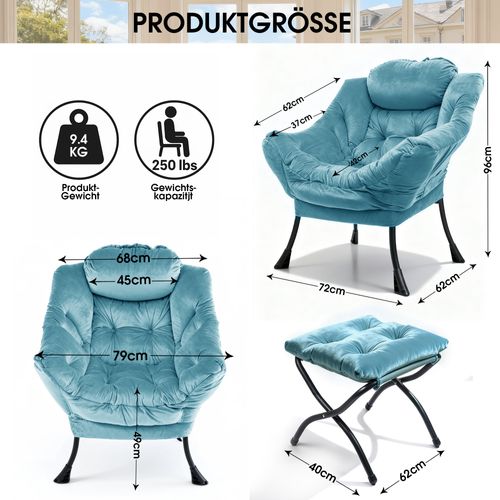 Fauteuil De Relaxation Avec Repose-pieds Et Accoudoirs Rembourrés, Structure Métal, Bleu