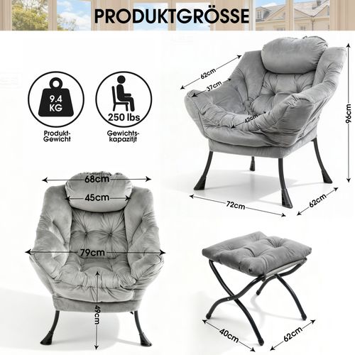 Fauteuil De Relaxation Avec Repose-pieds Et Accoudoirs Rembourrés, Structure Métal, Gris