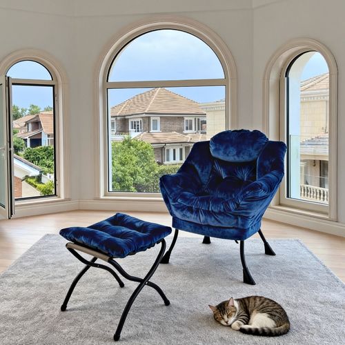 Fauteuil De Relaxation Avec Repose-pieds Et Accoudoirs Rembourrés, Structure Métal, Bleu Foncé