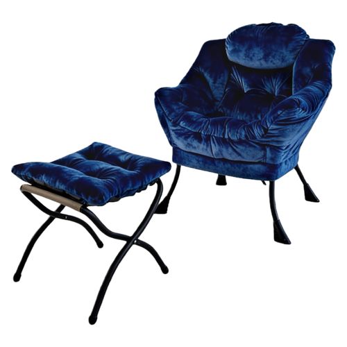 Fauteuil De Relaxation Avec Repose-pieds Et Accoudoirs Rembourrés, Structure Métal, Bleu Foncé
