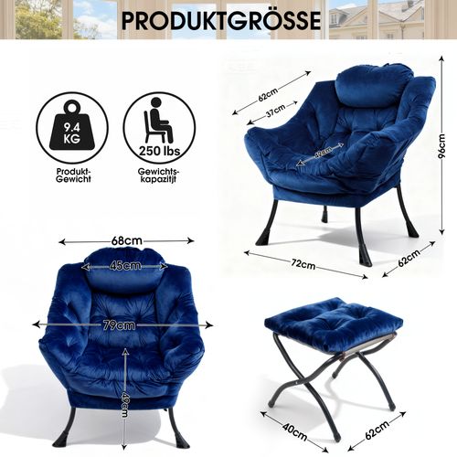 Fauteuil De Relaxation Avec Repose-pieds Et Accoudoirs Rembourrés, Structure Métal, Bleu Foncé