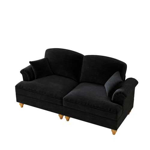 Canapé 2 Places Avec Accoudoirs Évasés Et Jupe Amovible, Pieds Bois, Chenille Noir