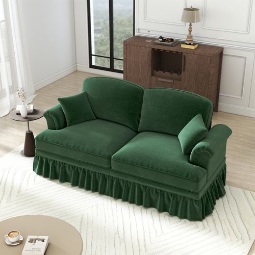 Canapé 2 Places Avec Accoudoirs Évasés Et Jupe Amovible, Pieds Bois, Chenille Vert