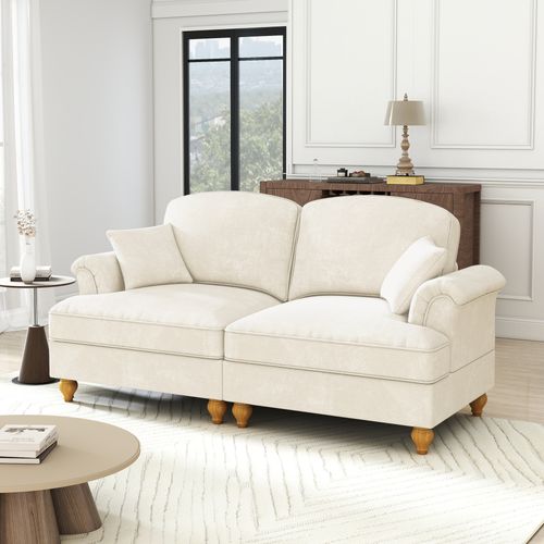 Canapé 2 Places Avec Accoudoirs Évasés Et Jupe Amovible, Pieds Bois, Chenille Blanc