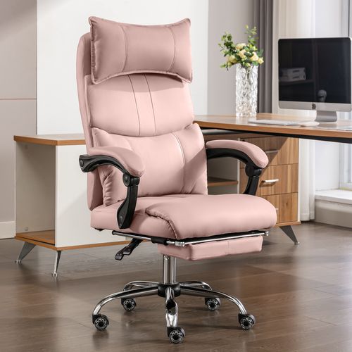 Fauteuil De Bureau Réglable En Pu Avec Support Lombaire, Dossier Haut, Pivotant - Rose