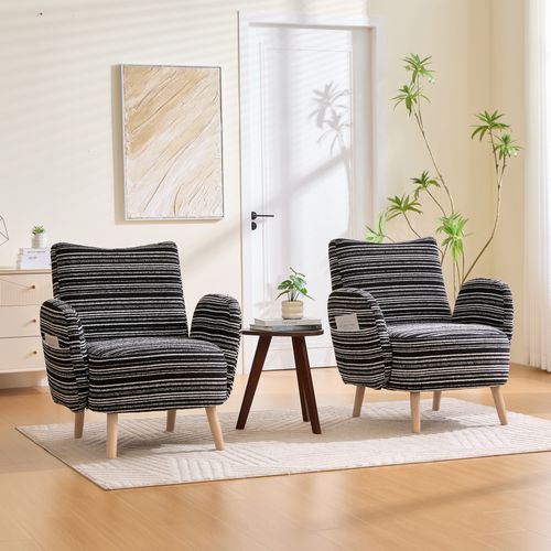 Fauteuil Moderne En Tissu Bouclé à Motif Rond, Poche Latérale Et Pieds En Bois  – Kaki