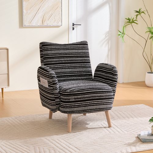 Fauteuil Moderne En Tissu Bouclé à Motif Rond, Poche Latérale Et Pieds En Bois  – Kaki