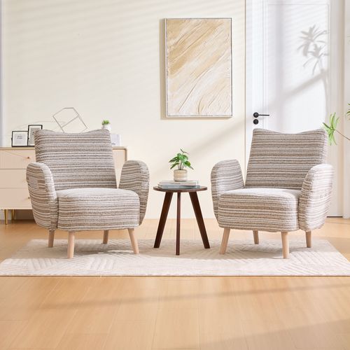 Fauteuil Moderne En Tissu Bouclé à Motif Rond, Poche Latérale Et Pieds En Bois  – Kaki