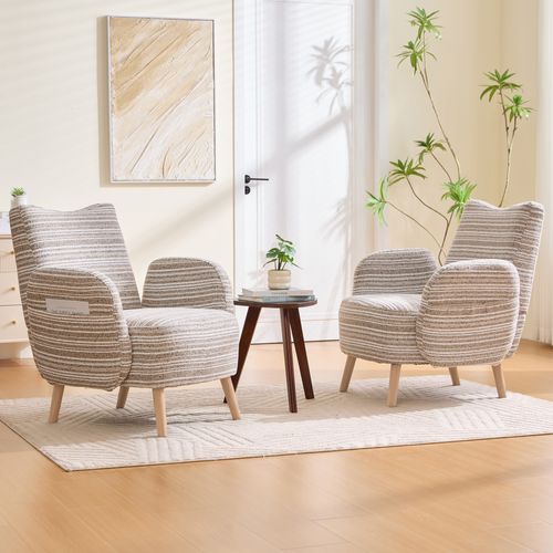 Fauteuil Moderne En Tissu Bouclé à Motif Rond, Poche Latérale Et Pieds En Bois  – Kaki