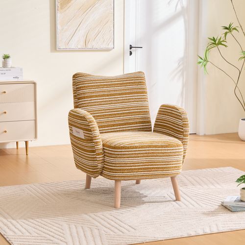Fauteuil Moderne En Tissu Bouclé à Motif Rond, Poche Latérale Et Pieds En Bois  – Jaune
