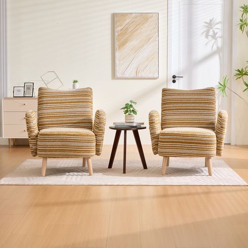 Fauteuil Moderne En Tissu Bouclé à Motif Rond, Poche Latérale Et Pieds En Bois  – Jaune