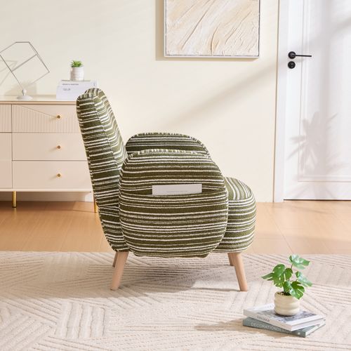 Fauteuil Moderne En Tissu Bouclé à Motif Rond, Poche Latérale Et Pieds En Bois – Vert Olive