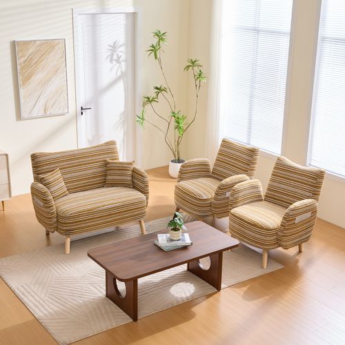 Canapé 2 Places Avec Accoudoirs, Pochette Latérale Et Coussin Mousse, Tissu Bouclé Jaune Moutarde