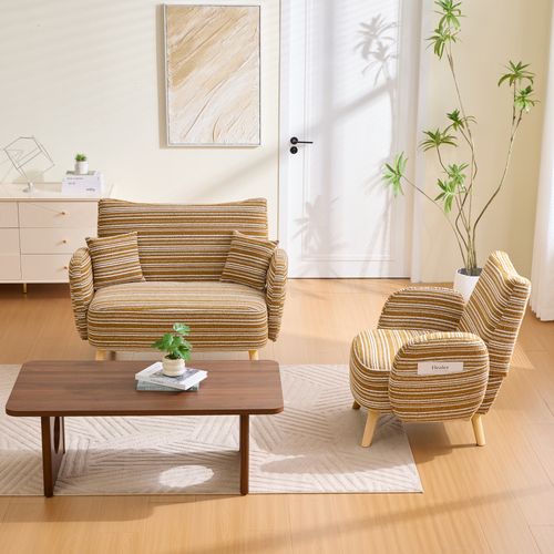 Canapé 2 Places Avec Accoudoirs, Pochette Latérale Et Coussin Mousse, Tissu Bouclé Jaune Moutarde