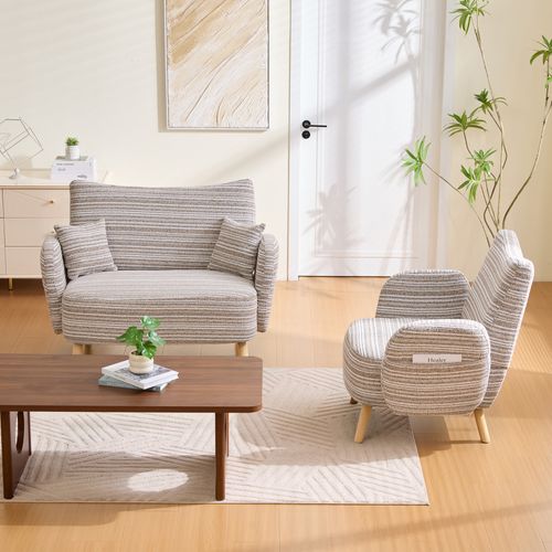 Canapé 2 Places Avec Accoudoirs, Pochette Latérale Et Coussin Mousse, Tissu Bouclé Kaki