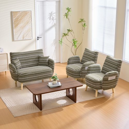 Canapé 2 Places Avec Accoudoirs, Pochette Latérale Et Coussin Mousse, Tissu Bouclé Vert Olive