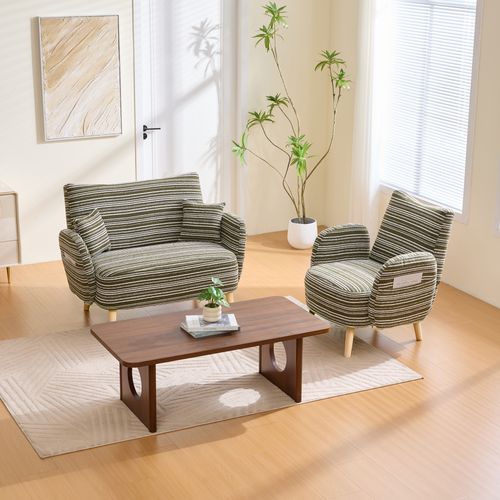 Canapé 2 Places Avec Accoudoirs, Pochette Latérale Et Coussin Mousse, Tissu Bouclé Vert Olive