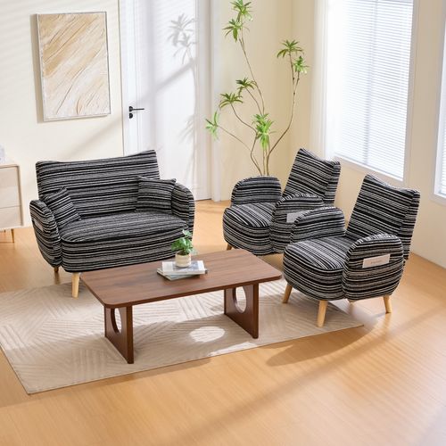 Canapé 2 Places Avec Accoudoirs, Pochette Latérale Et Coussin Mousse, Tissu Bouclé Noir