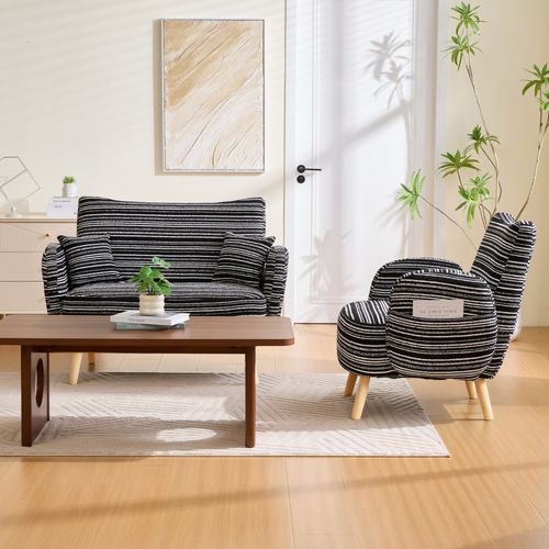 Canapé 2 Places Avec Accoudoirs, Pochette Latérale Et Coussin Mousse, Tissu Bouclé Noir