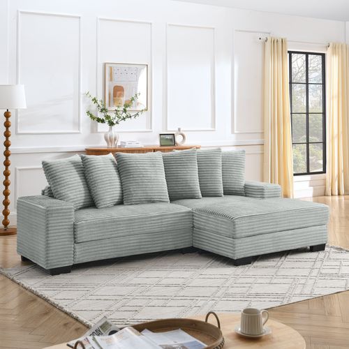 Canapé D’angle 4 Places Avec 6 Coussins, Assise Mousse, Bois Et Acier, Velours Côtelé Gris