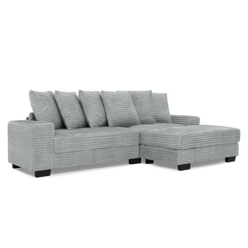 Canapé D’angle 4 Places Avec 6 Coussins, Assise Mousse, Bois Et Acier, Velours Côtelé Gris