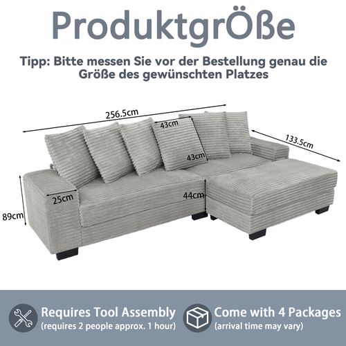 Canapé D’angle 4 Places Avec 6 Coussins, Assise Mousse, Bois Et Acier, Velours Côtelé Gris