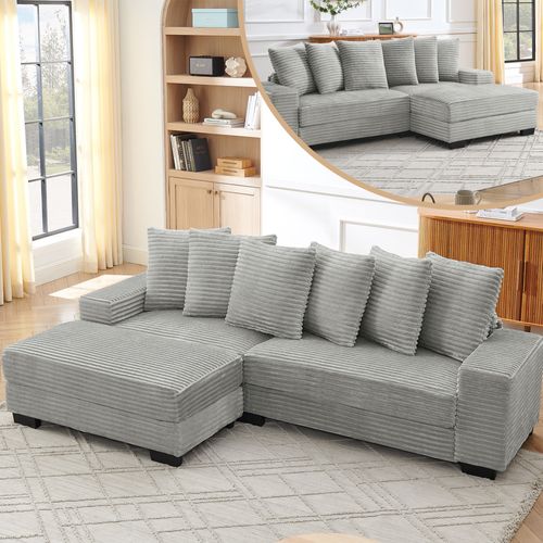 Canapé D’angle 4 Places Avec 6 Coussins, Assise Mousse, Bois Et Acier, Velours Côtelé Gris