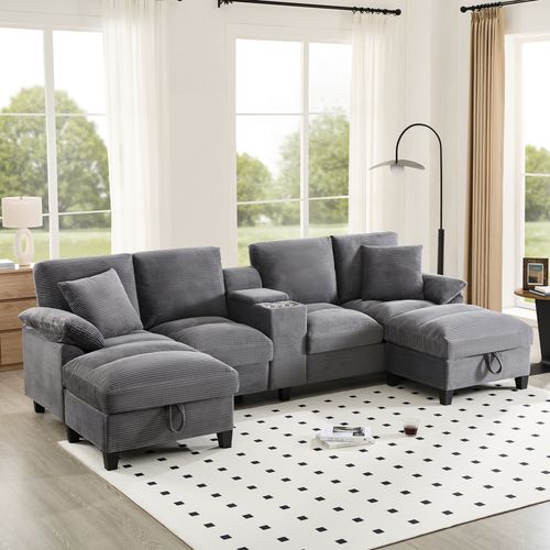 Canapé D’angle U 4 Places Avec Rangement Et Ports USB, Grande Dimension, Velours Côtelé, Gris