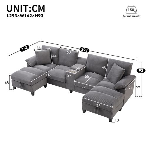 Canapé D’angle U 4 Places Avec Rangement Et Ports USB, Grande Dimension, Velours Côtelé, Gris