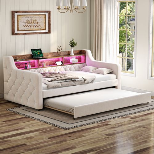 Lit Gigogne 90x190 Cm Avec Rangement Intégré, Éclairage LED Et Port USB, Tissu Velours, Beige