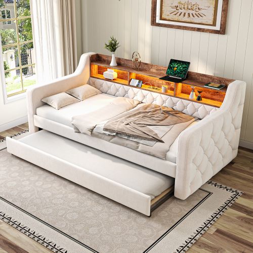 Lit Gigogne 90x190 Cm Avec Rangement Intégré, Éclairage LED Et Port USB, Tissu Velours, Beige