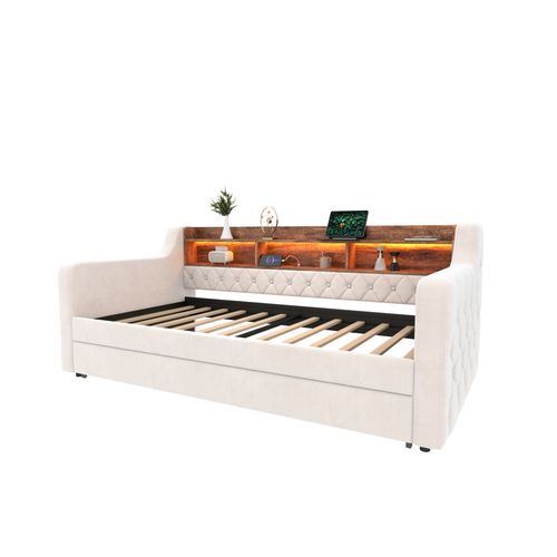 Lit Gigogne 90x190 Cm Avec Rangement Intégré, Éclairage LED Et Port USB, Tissu Velours, Beige