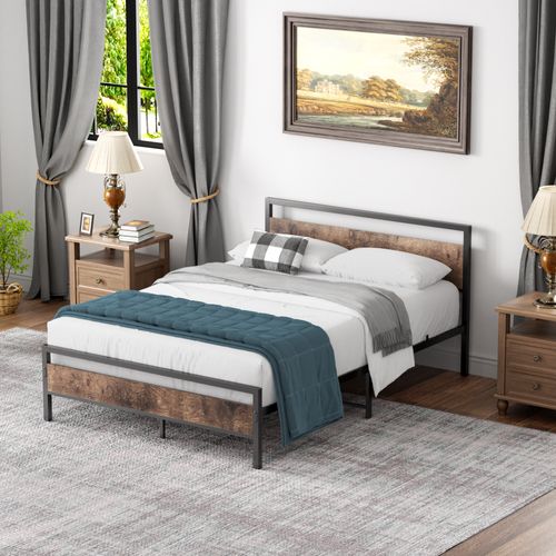 Lit Double 140x200 Cm - Lit En Métal Noir Avec Bois Robuste Et Sommier - Sans Matelas