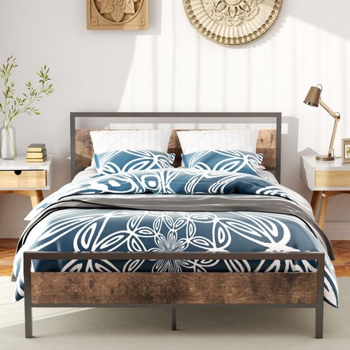 Lit Double 140x200 Cm - Lit En Métal Noir Avec Bois Robuste Et Sommier - Sans Matelas