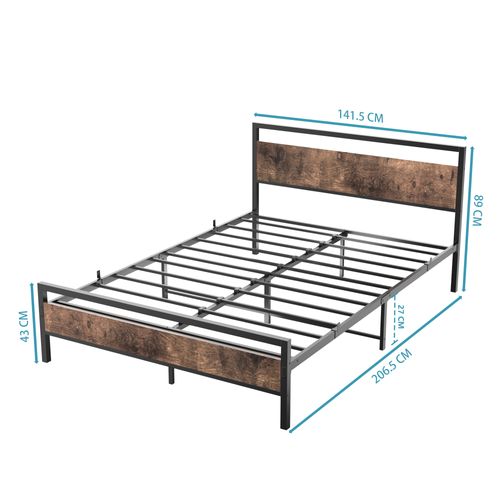 Lit Double 140x200 Cm - Lit En Métal Noir Avec Bois Robuste Et Sommier - Sans Matelas