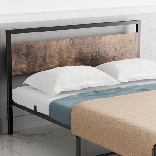 Lit Double 140x200 Cm - Lit En Métal Noir Avec Bois Robuste Et Sommier - Sans Matelas
