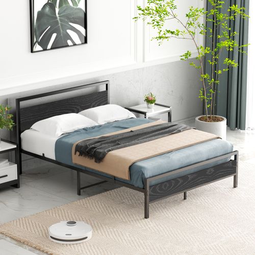 Lit Double 140x200 Cm - Lit En Métal Noir Robuste Avec Sommier Pour Chambre - Sans Matelas