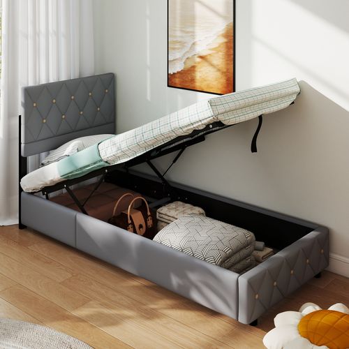 Lit Coffre 90x200 Cm Velours Gris Clair, Boxspring Avec Rangement Hydraulique Et Coffre